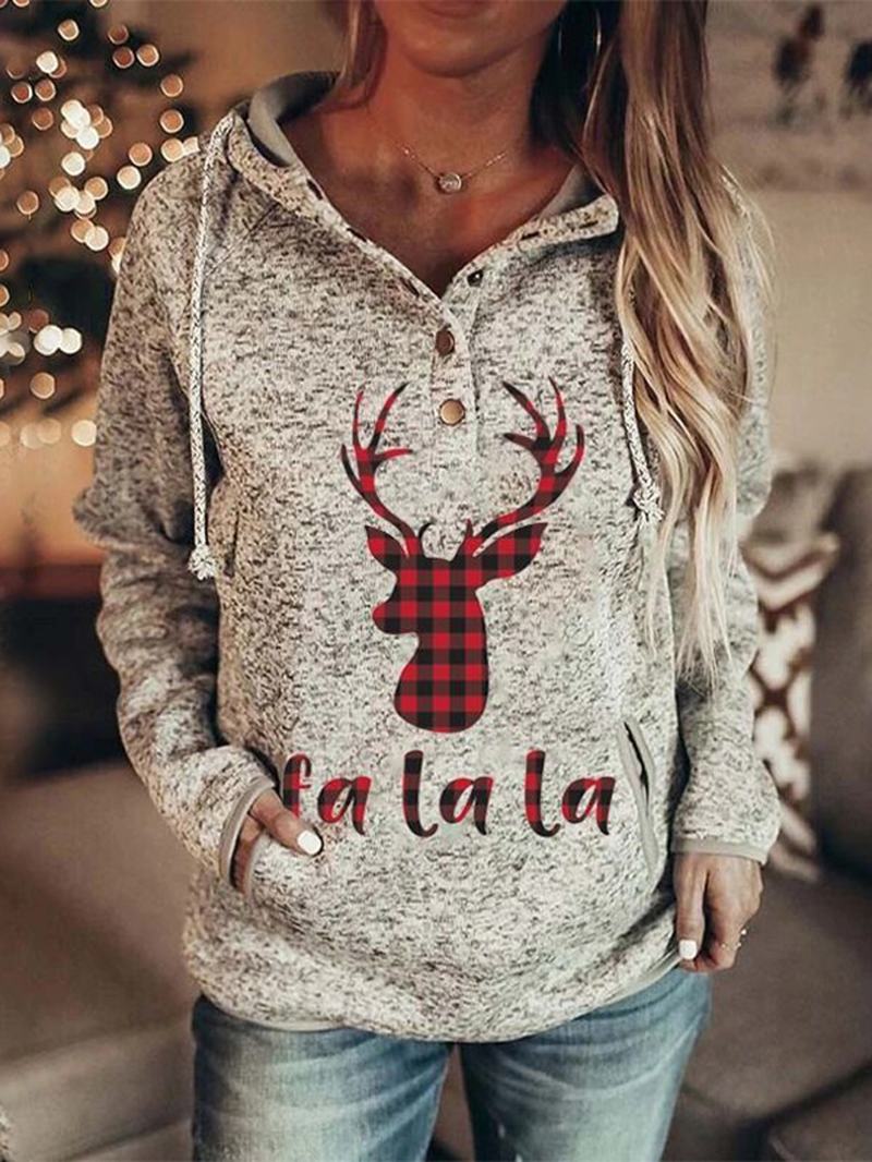 Kobiety Christmas Elk Letter Drukowanie Raglan Sleeve Kangur Kieszonkowy Kołnierzyk Bluzy Z Kapturem