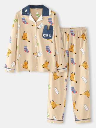 Kobiety Cute Cartoon Kot Drukuj Shirt Elastyczny Pas Spodnie Home Casual Zestaw Piżamy