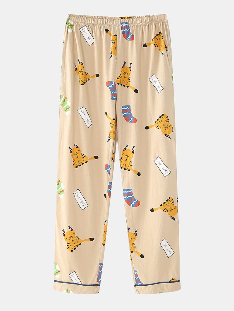Kobiety Cute Cartoon Kot Drukuj Shirt Elastyczny Pas Spodnie Home Casual Zestaw Piżamy