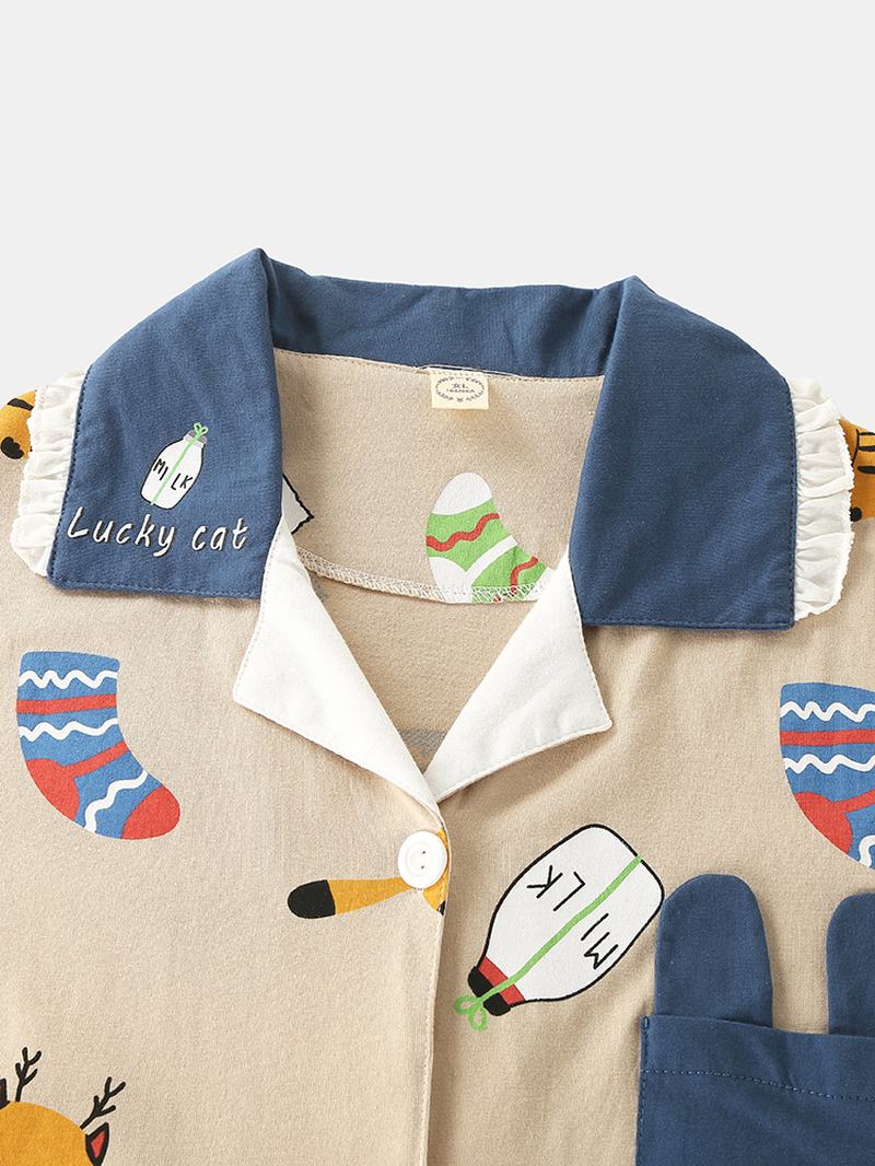 Kobiety Cute Cartoon Kot Drukuj Shirt Elastyczny Pas Spodnie Home Casual Zestaw Piżamy