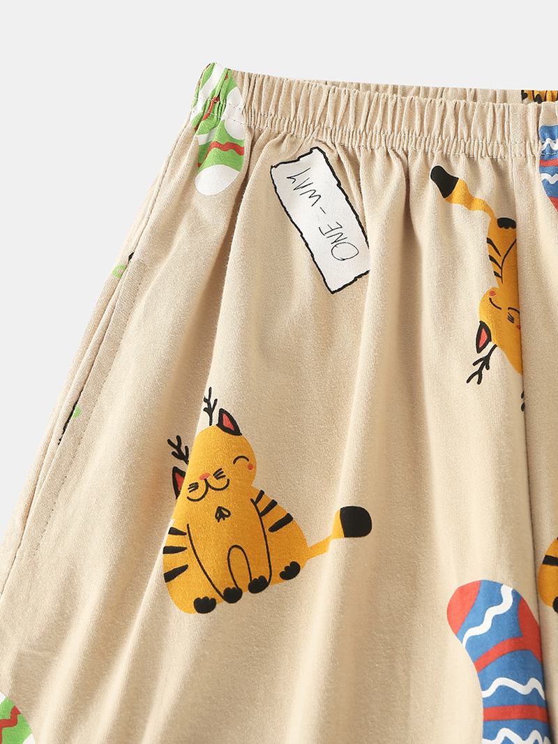 Kobiety Cute Cartoon Kot Drukuj Shirt Elastyczny Pas Spodnie Home Casual Zestaw Piżamy