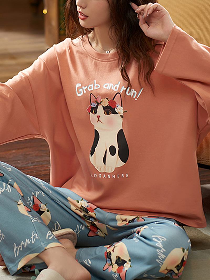 Kobiety Cute Kot Wzór List Drukowanie Sweter Z Długim Rękawem I Luźne Spodnie Home Dwuczęściowy Zestaw Piżamy