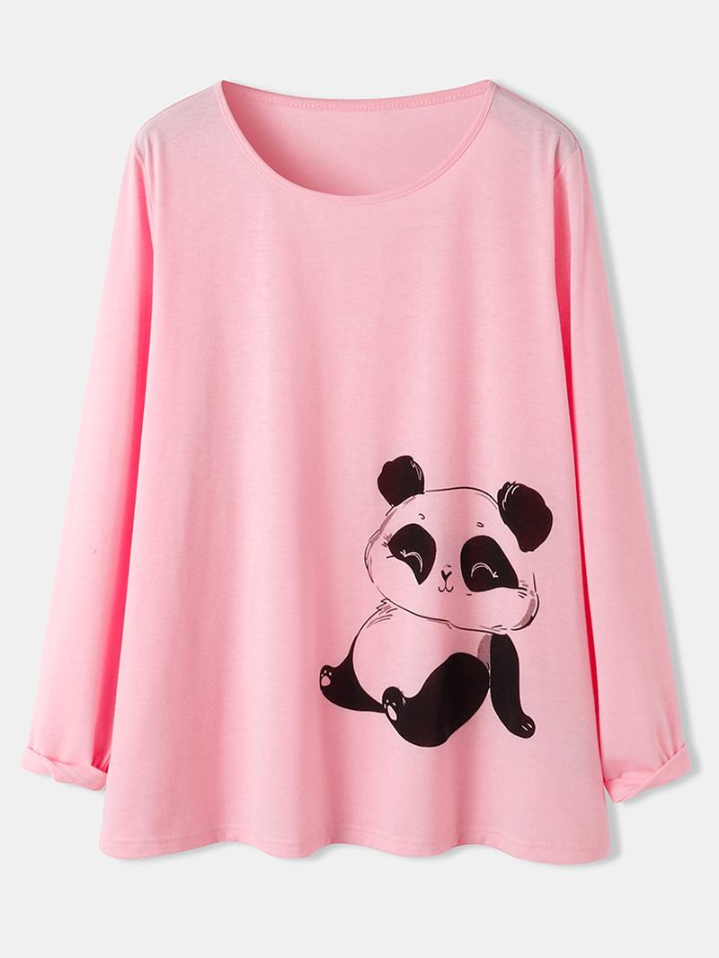 Kobiety Cute Panda Drukowanie O-neck Spodnie W Paski Dwuczęściowe Plus Size Lounge Home Piżamy Zestawy