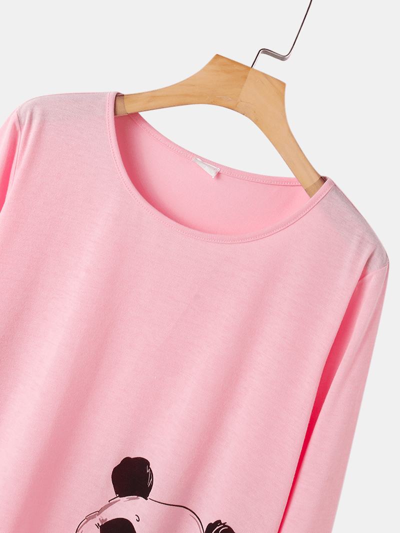 Kobiety Cute Panda Drukowanie O-neck Spodnie W Paski Dwuczęściowe Plus Size Lounge Home Piżamy Zestawy