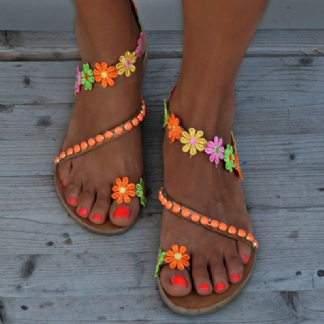 Kobiety CZeski Kwiat Dekoracji Koralik Slip On Clip Toe Summer Beach Płaskie Sandały