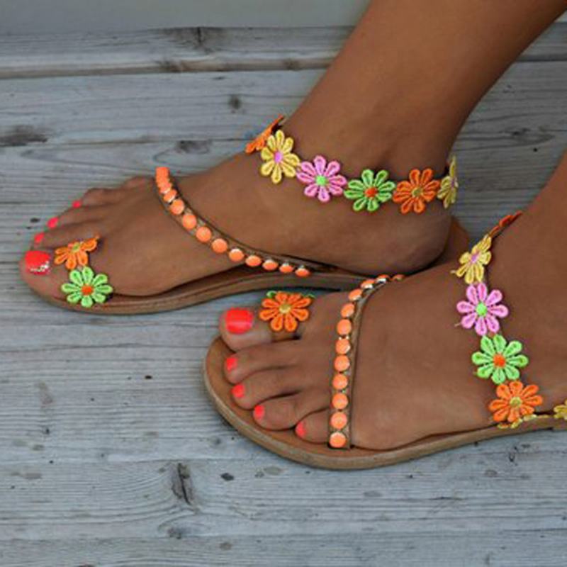 Kobiety CZeski Kwiat Dekoracji Koralik Slip On Clip Toe Summer Beach Płaskie Sandały