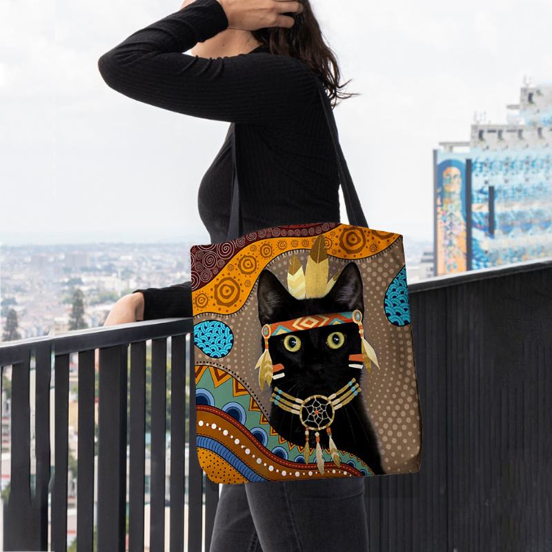 Kobiety CZuły Cute Cartoon Egipski Ubrany CZarny Kot Wzór Torba Na Ramię Torebka Tote