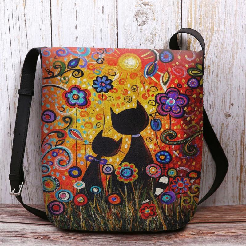 Kobiety CZuły Się Casual Cartoon In Love Koty Widok Z Tyłu Kwiatowy Wzór Torba Na Ramię Crossbody