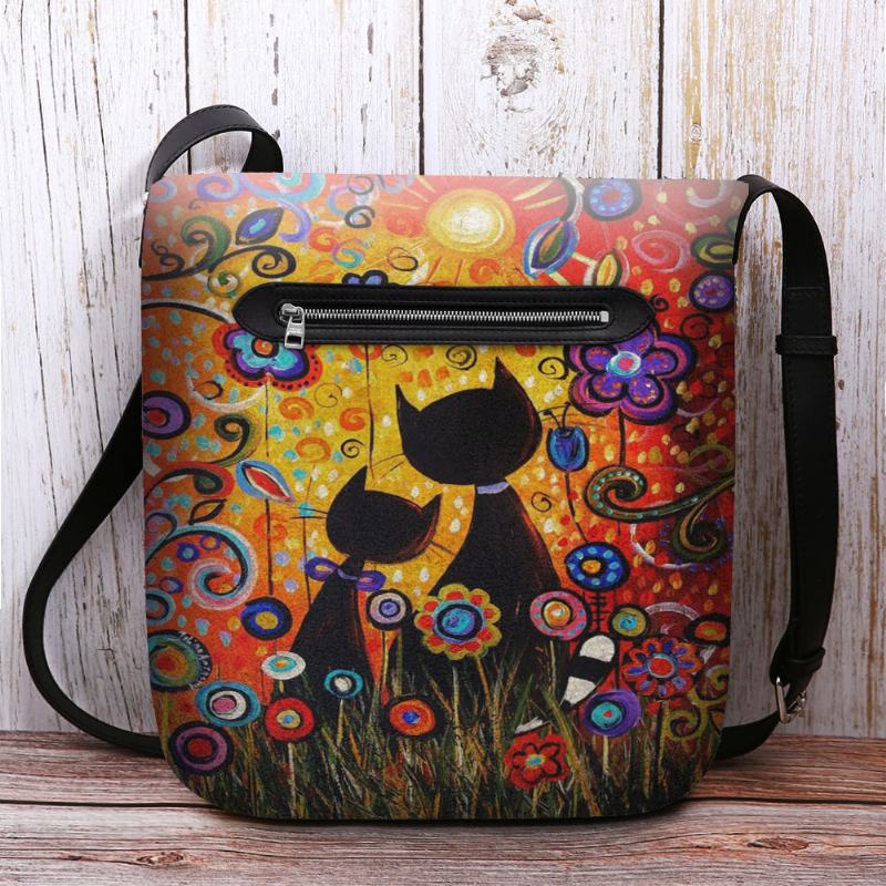 Kobiety CZuły Się Casual Cartoon In Love Koty Widok Z Tyłu Kwiatowy Wzór Torba Na Ramię Crossbody