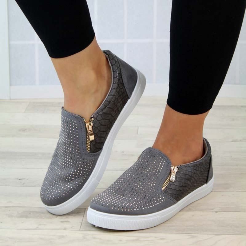 Kobiety Doble Size Zipper Rhinestone Decor Antypoślizgowe Casual Flats