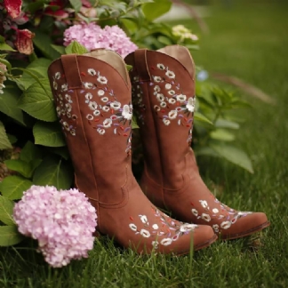 Kobiety Duże Rozmiary Retro Kwiaty Haftowane Slip On Cowboy Boots