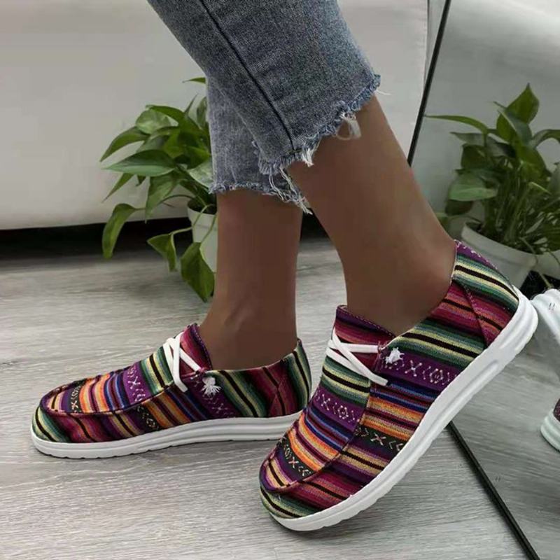 Kobiety Duży Rozmiar Druk W Paski Leopard Canvas Elastyczna Opaska Sznurowane Płaskie Buty Na Co Dzień