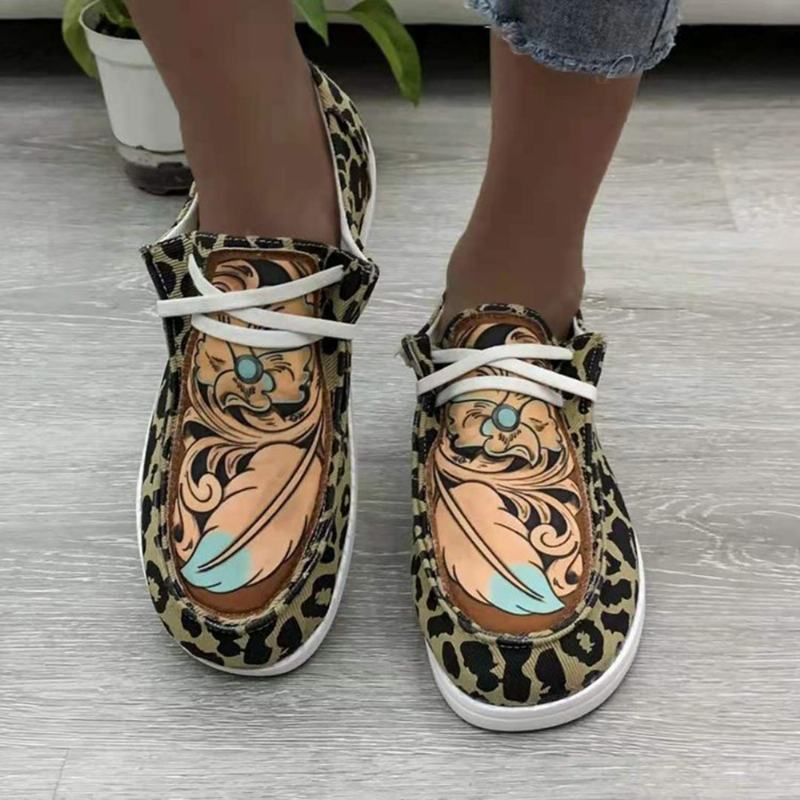 Kobiety Duży Rozmiar Druk W Paski Leopard Canvas Elastyczna Opaska Sznurowane Płaskie Buty Na Co Dzień