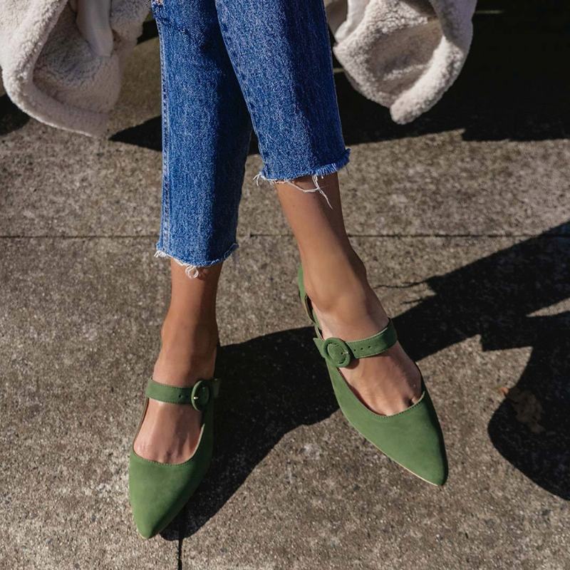 Kobiety Elegancki Szpiczasty Nosek Jednolity Kolor Pasek Z Klamrą Na Kostce Slip On Chunky Heel Pumps