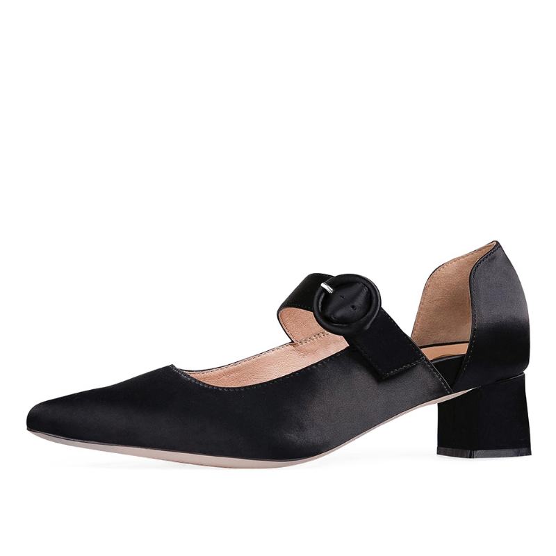 Kobiety Elegancki Szpiczasty Nosek Jednolity Kolor Pasek Z Klamrą Na Kostce Slip On Chunky Heel Pumps