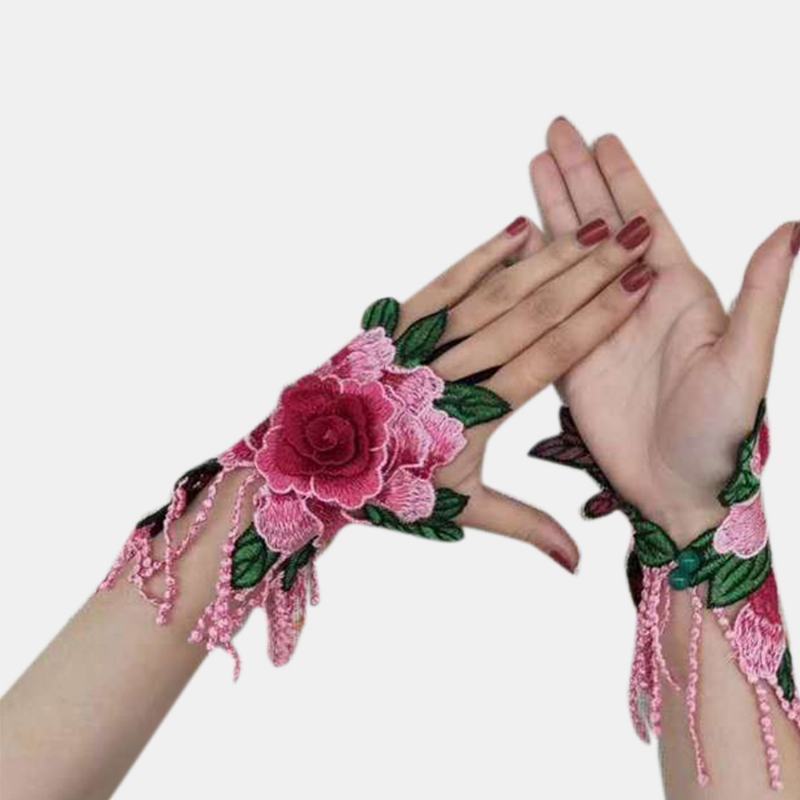 Kobiety Etniczne Hafty Hallow Wristband Moda Floral Half Cover Finger Tassel Gloves