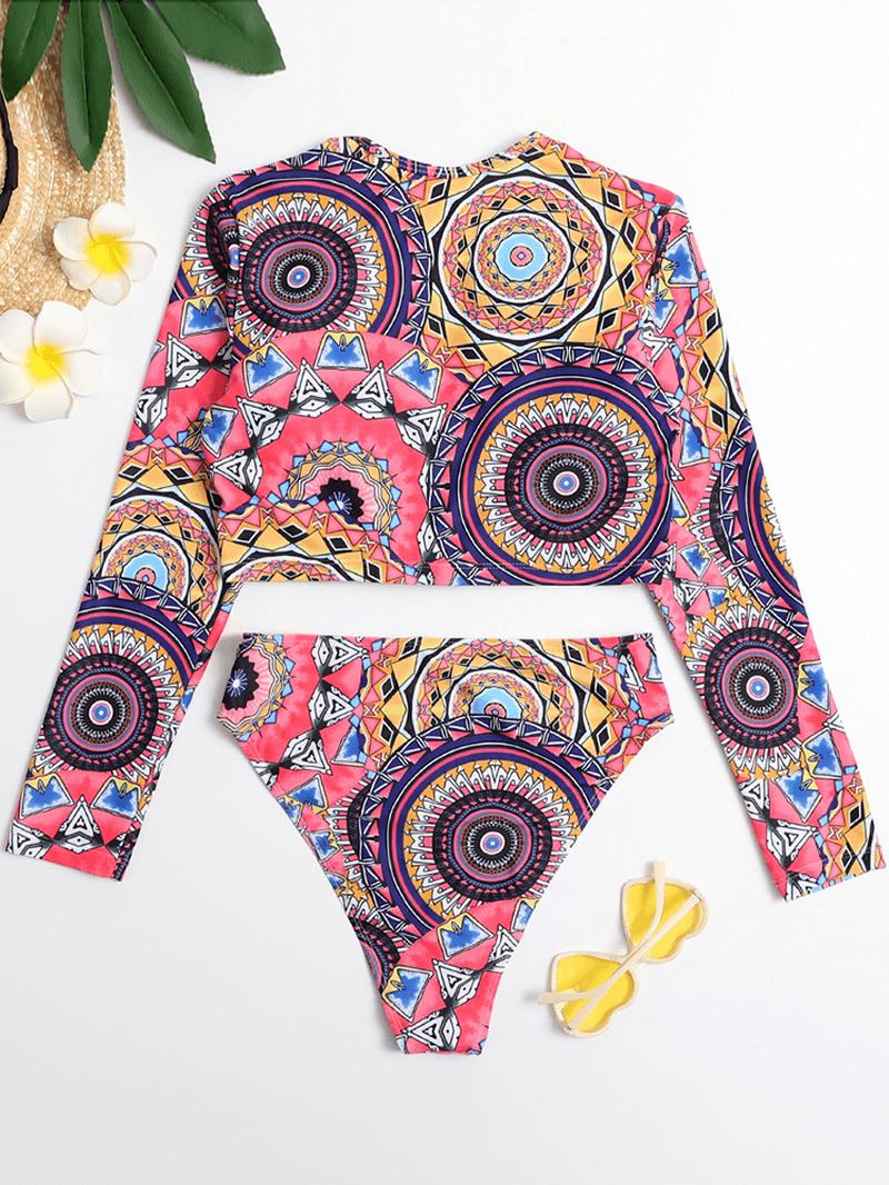 Kobiety Etniczny Wzór Z Długim Rękawem I Zamkiem Błyskawicznym Crop Skinny Bikini Z Wysokim Stanem
