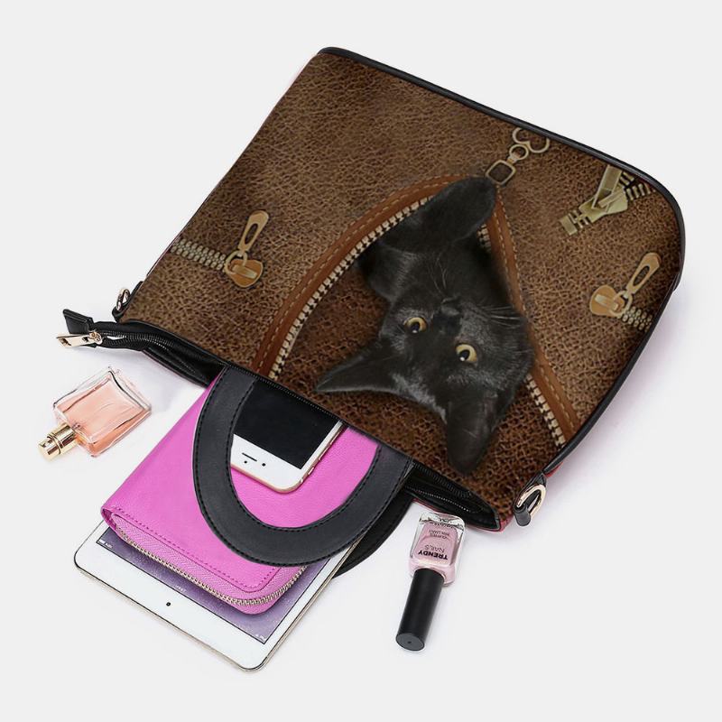 Kobiety Faux Leather Cartoon Black Kot Pattern Multi-carry Torebka Torba Przez Ramię Satchel Bag