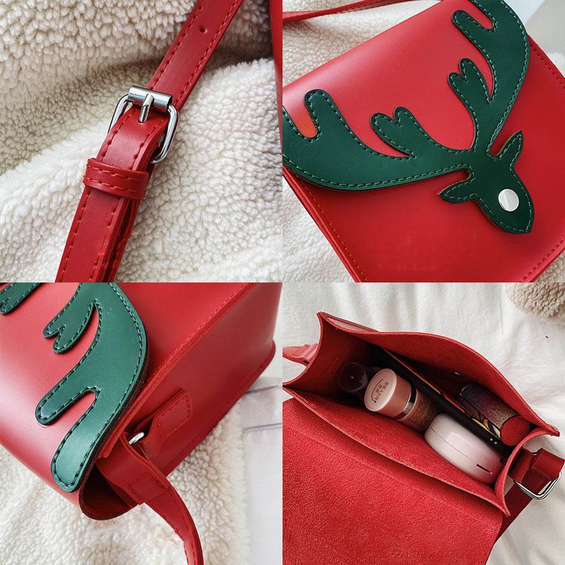 Kobiety Faux Leather Kontrastowy Kolor Christmas Elk Pattern Mała Kwadratowa Torba Torba Na Ramię Torba Przez Ramię