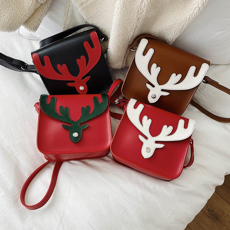 Kobiety Faux Leather Kontrastowy Kolor Christmas Elk Pattern Mała Kwadratowa Torba Torba Na Ramię Torba Przez Ramię