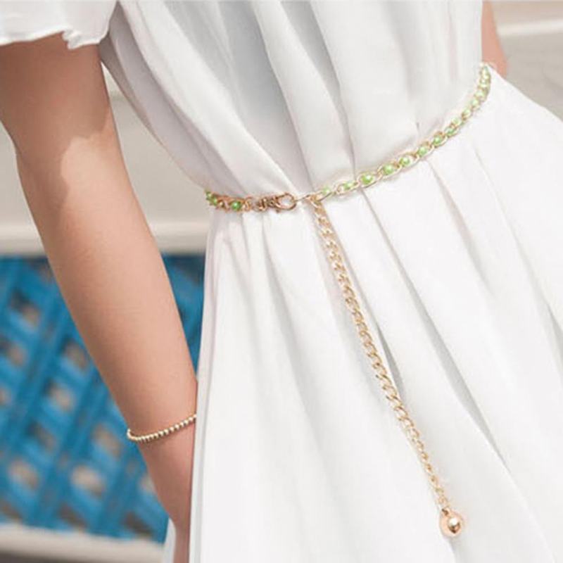 Kobiety Faux Pearl Metal Cienki Łańcuszek W Talii Pasek Koralik Tie Pasek Moda