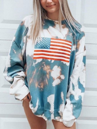 Kobiety Flag Flag Dye Dye Pullover Luźne Bluzy Z Długim Rękawem