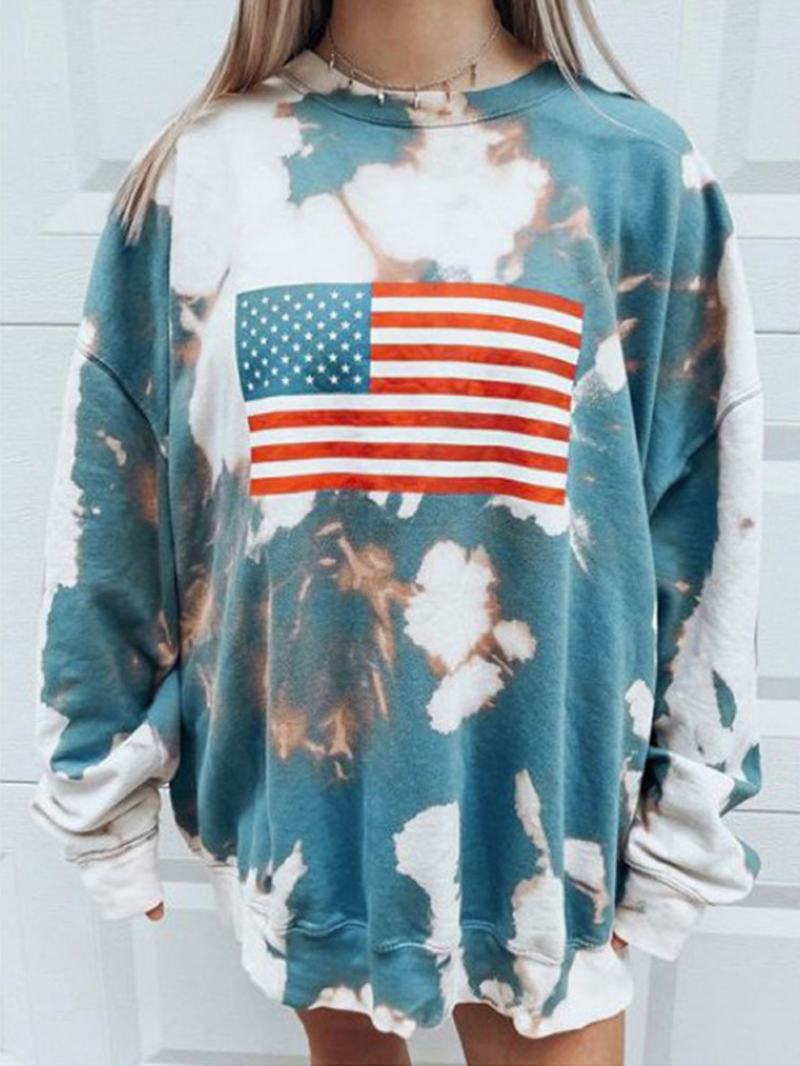 Kobiety Flag Flag Dye Dye Pullover Luźne Bluzy Z Długim Rękawem