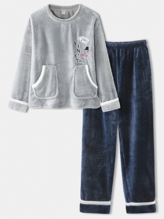 Kobiety Flanelowe Litery Graficzne Haftowane Bluzy Spodnie W Pasie Domu Zestaw Piżamy