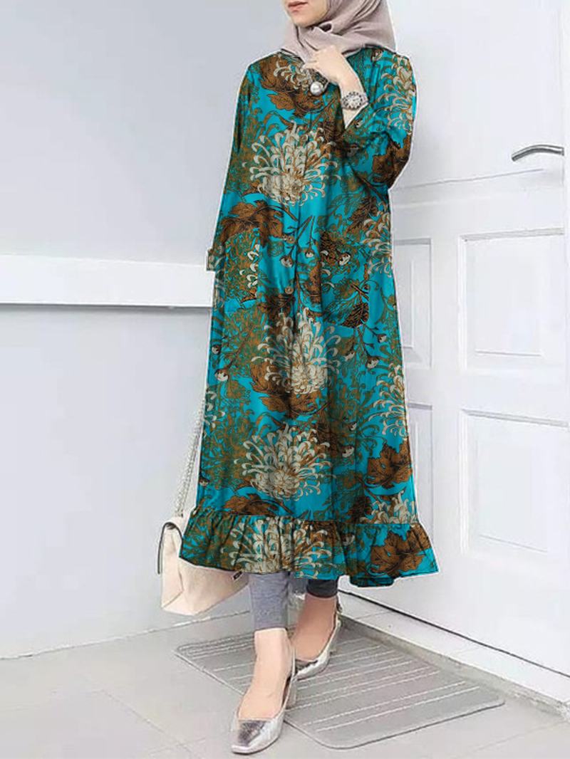 Kobiety Flora Drukowanie Ruff Hem O-neck Casual CZeska Sukienka Koszulowa Abaya Kaftan Z Kieszenią