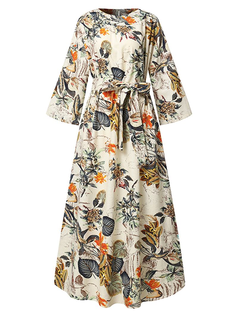 Kobiety Floral Drukowanie O-neck 3/4 Rękawy Casual Belted Maxi Sukienki