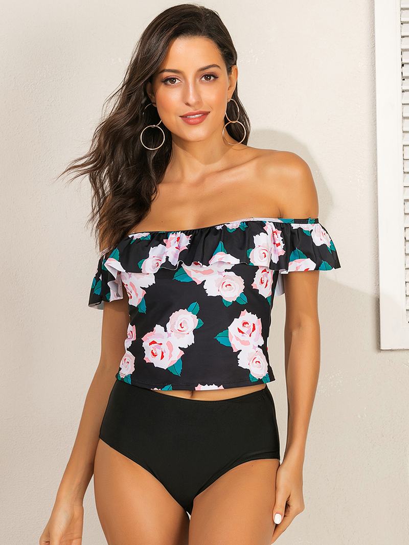 Kobiety Floral Drukowanie Ruffles Wysoka Talia Tankini Hawaii Beach Swimwear