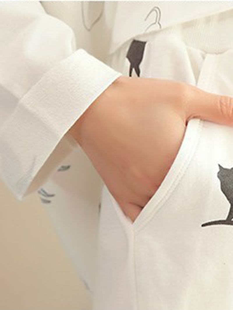 Kobiety Funny Cartoon Kot Drukuj Okrągła Kieszeń Na Szyję Z Długim Rękawem Domowa Piżama!