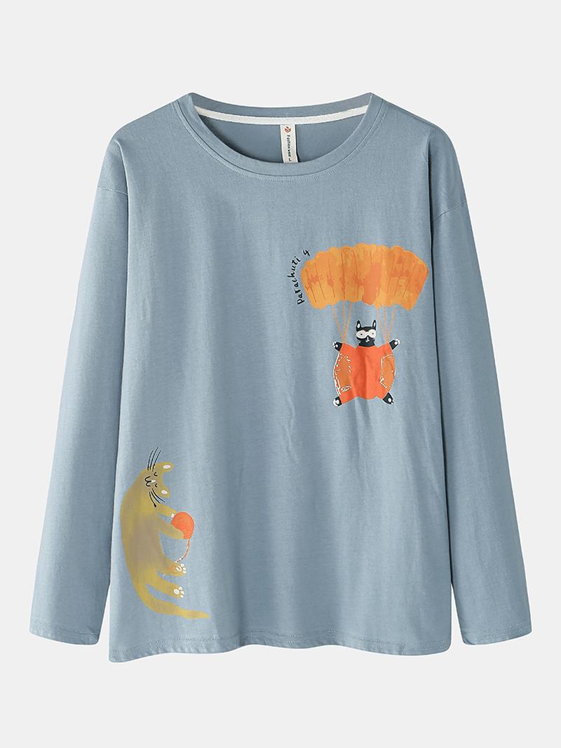 Kobiety Funny Cartoon Kot Drukuj Okrągły Sweter Z Okrągłym Dekoltem Elastyczny Pas Domowa Bawełniana Piżama!