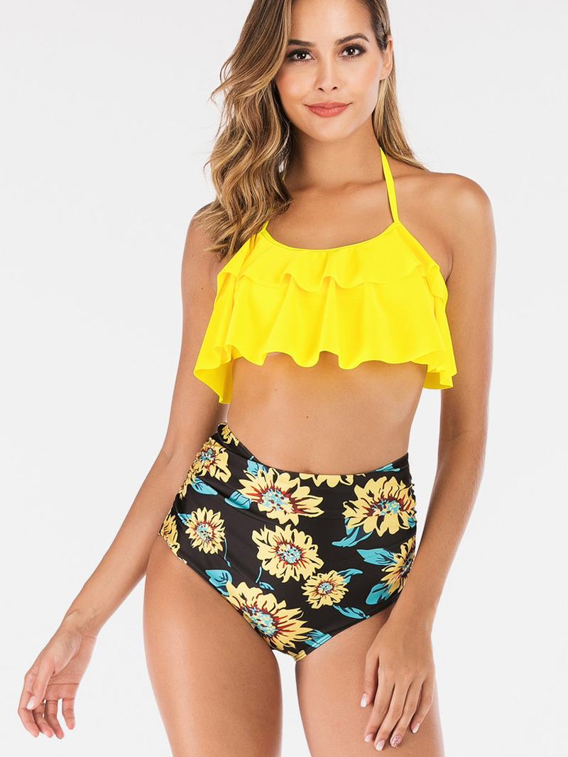 Kobiety Halter String Top Floral Drukowanie Wysoka Talia Stroje Kąpielowe Bikini