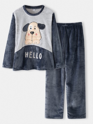 Kobiety Hello Cartoon Dog Pattern Boczna Kieszeń Top Pluszowy Domowy Zestaw Piżamy Na Co Dzień