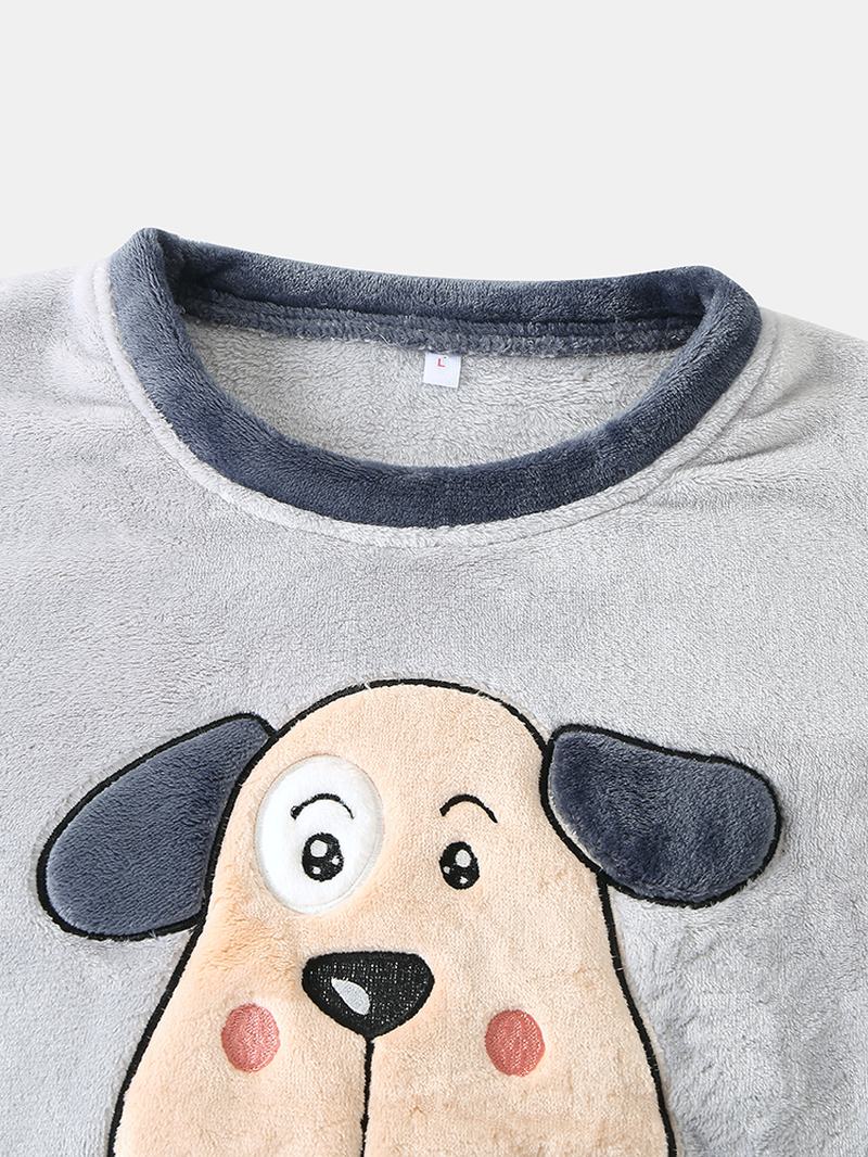 Kobiety Hello Cartoon Dog Pattern Boczna Kieszeń Top Pluszowy Domowy Zestaw Piżamy Na Co Dzień