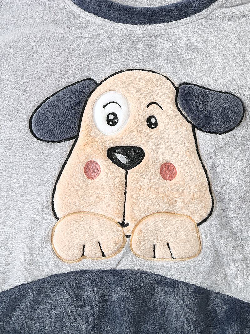 Kobiety Hello Cartoon Dog Pattern Boczna Kieszeń Top Pluszowy Domowy Zestaw Piżamy Na Co Dzień