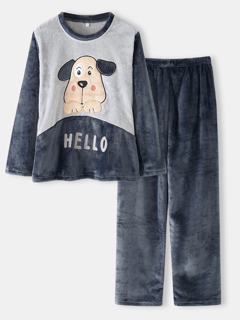 Kobiety Hello Cartoon Dog Pattern Boczna Kieszeń Top Pluszowy Domowy Zestaw Piżamy Na Co Dzień