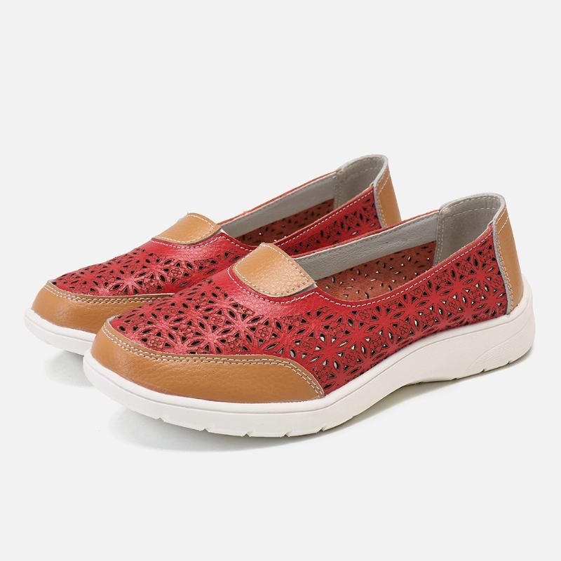 Kobiety Hollow Leather Slip On Solid Color Soft Sole Flats