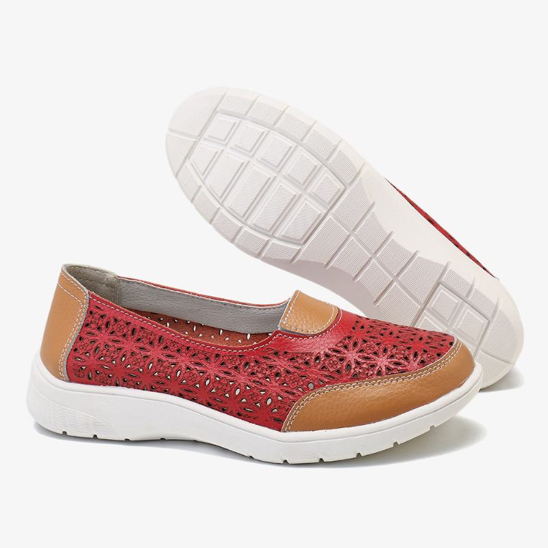 Kobiety Hollow Leather Slip On Solid Color Soft Sole Flats