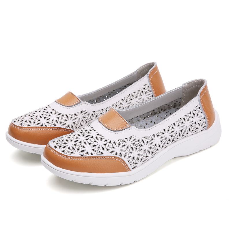 Kobiety Hollow Leather Slip On Solid Color Soft Sole Flats