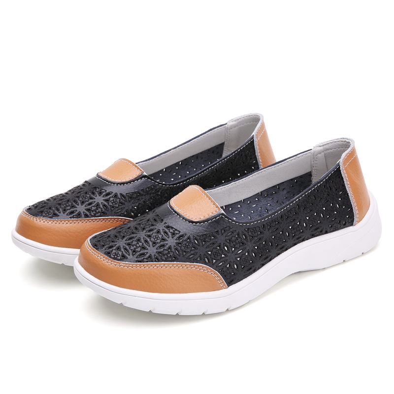 Kobiety Hollow Leather Slip On Solid Color Soft Sole Flats