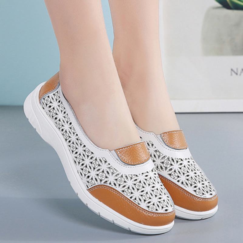 Kobiety Hollow Leather Slip On Solid Color Soft Sole Flats