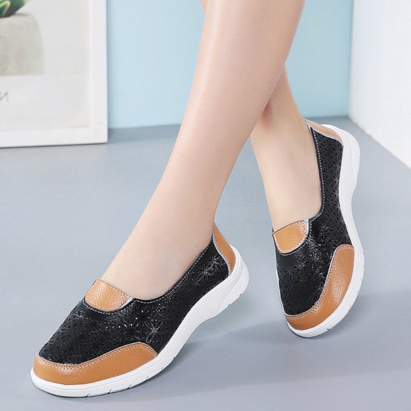 Kobiety Hollow Leather Slip On Solid Color Soft Sole Flats