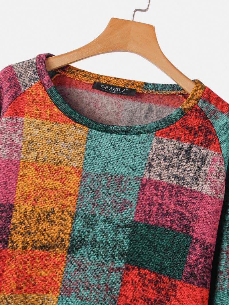 Kobiety Kolorowe Blok Okrągły Raglan Rękaw Vintage Zwykłe Bluzy