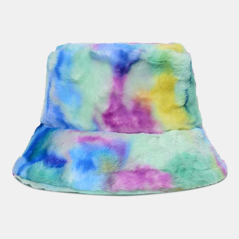 Kobiety Kolorowe Tie-dye Puszyste Zagęścić Zimowa Ciepła CZapka Typu Bucket Faux Rabbit Fur Outdoor Casual Wiatroszczelna CZapka Chroniąca Przed Chłodem