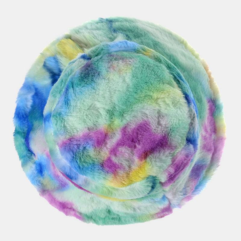 Kobiety Kolorowe Tie-dye Puszyste Zagęścić Zimowa Ciepła CZapka Typu Bucket Faux Rabbit Fur Outdoor Casual Wiatroszczelna CZapka Chroniąca Przed Chłodem