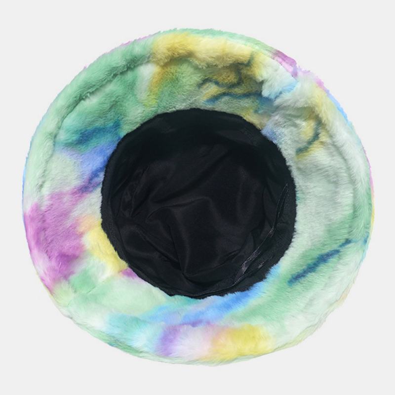 Kobiety Kolorowe Tie-dye Puszyste Zagęścić Zimowa Ciepła CZapka Typu Bucket Faux Rabbit Fur Outdoor Casual Wiatroszczelna CZapka Chroniąca Przed Chłodem