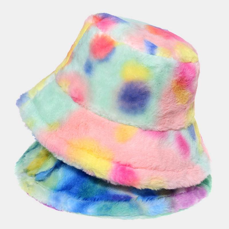 Kobiety Kolorowe Tie-dye Puszyste Zagęścić Zimowa Ciepła CZapka Typu Bucket Faux Rabbit Fur Outdoor Casual Wiatroszczelna CZapka Chroniąca Przed Chłodem