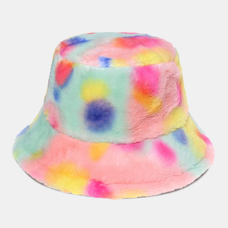 Kobiety Kolorowe Tie-dye Puszyste Zagęścić Zimowa Ciepła CZapka Typu Bucket Faux Rabbit Fur Outdoor Casual Wiatroszczelna CZapka Chroniąca Przed Chłodem